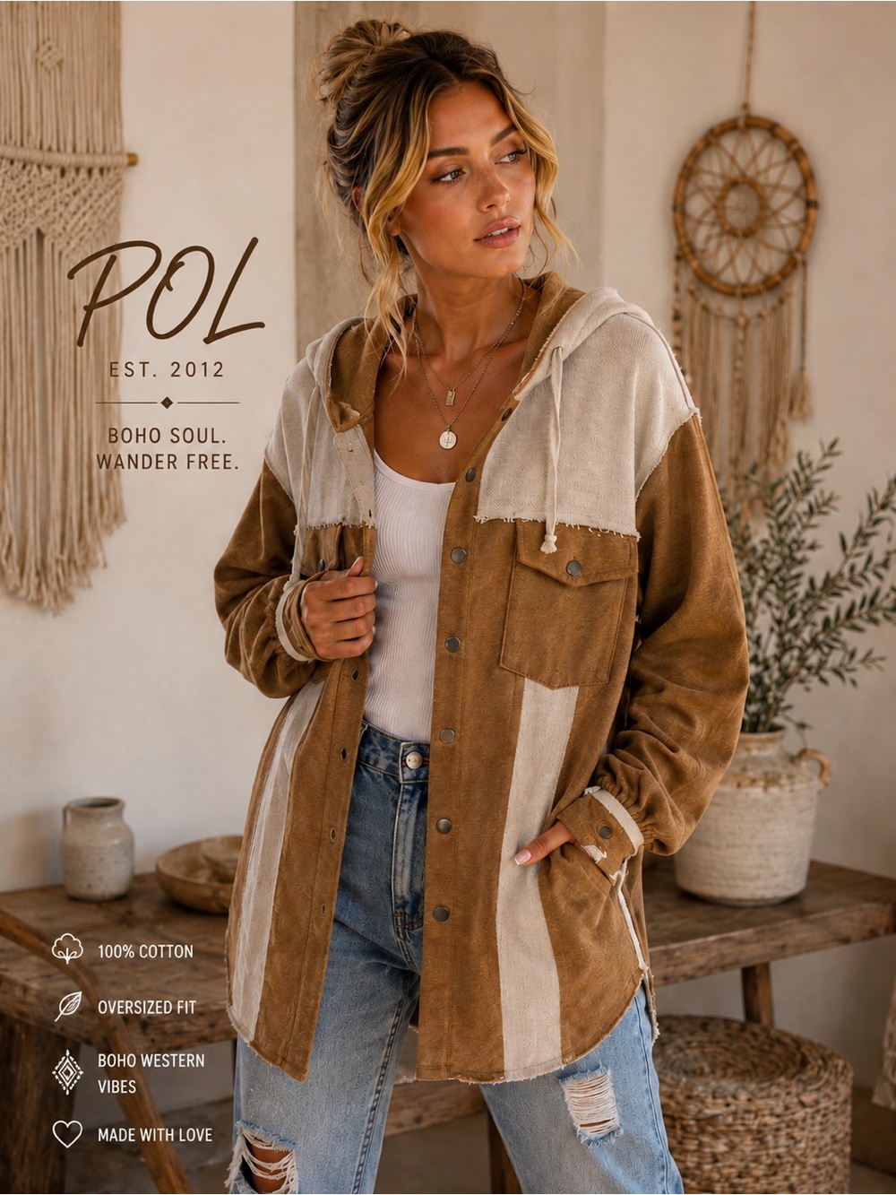 POL Oversized Hooded Shacket Jacket Large Brown Cream Colorblock Raw Hem Boho
